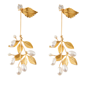 Modern Museum Resin Pearl Long Stem Leaf Earrings