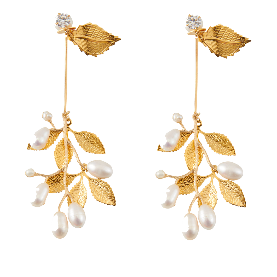 Modern Museum Resin Pearl Long Stem Leaf Earrings