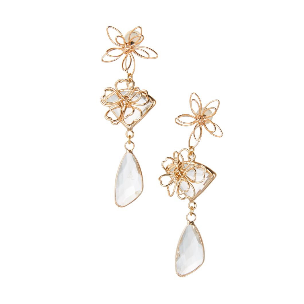 Modern Museum Golden Silk Flower Pendant Crystal Earrings