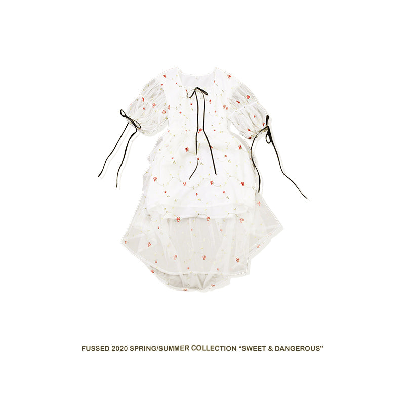 FUSSED Niche Independent Designer Original Puff Sleeve Floral Embroidery Dress